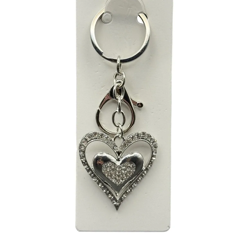 Silver‎ Tone Rhinestone Triple Heart Keychain Bag Charm with Lobster Claw Clip